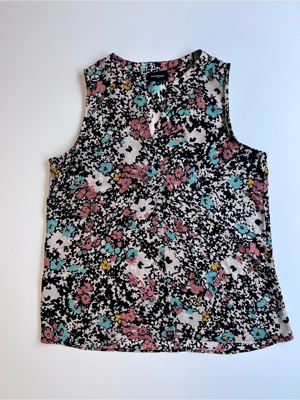 NAF NAF Floral Sleeveless V-Neck Camisole with Pink, Yellow & Turquoise Accents